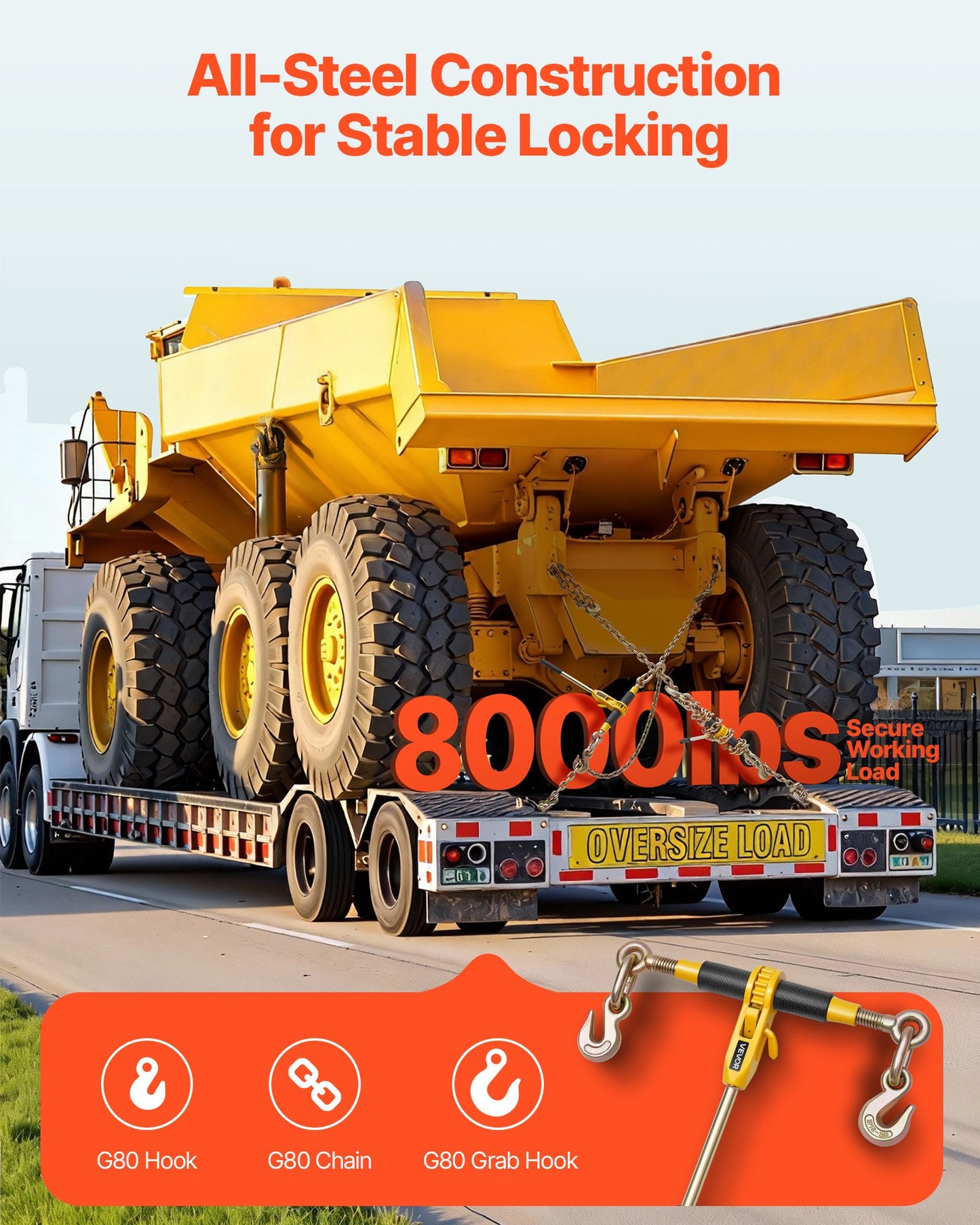 Heavy-Duty Ratchet Load Binder with G80 Chain - 8,000 lbs Capacity, Black