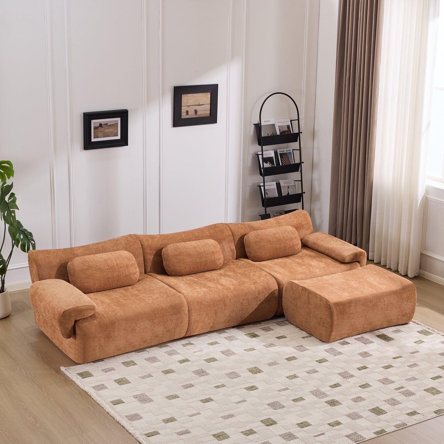 Modular Bamboo Joint Armchair - Extra-Large Chenille Sofa with 3 Pillows - Orange