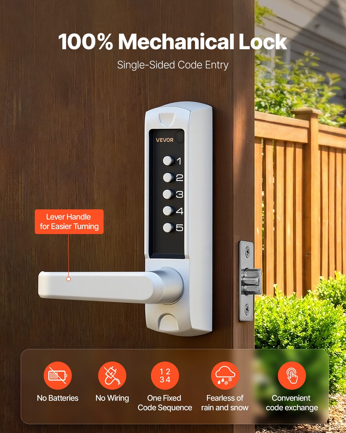Mechanical Keyless Door Lock - 5-Digit Combination, No Batteries, Indoor & Outdoor Use - Black