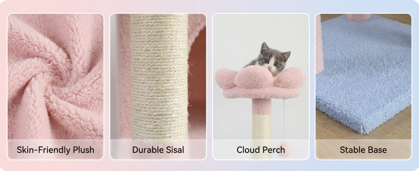 Pink Flower Cat Tree with Large Condo, Removable Cushion & Hammock - 56 Inch Tall