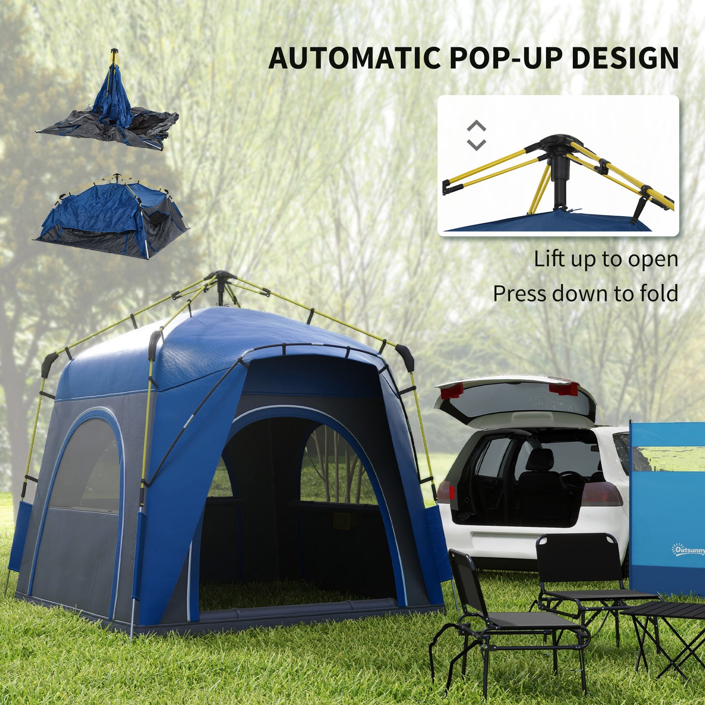 3-Person Pop-Up Camping Tent with Quick Setup & Windows - Blue