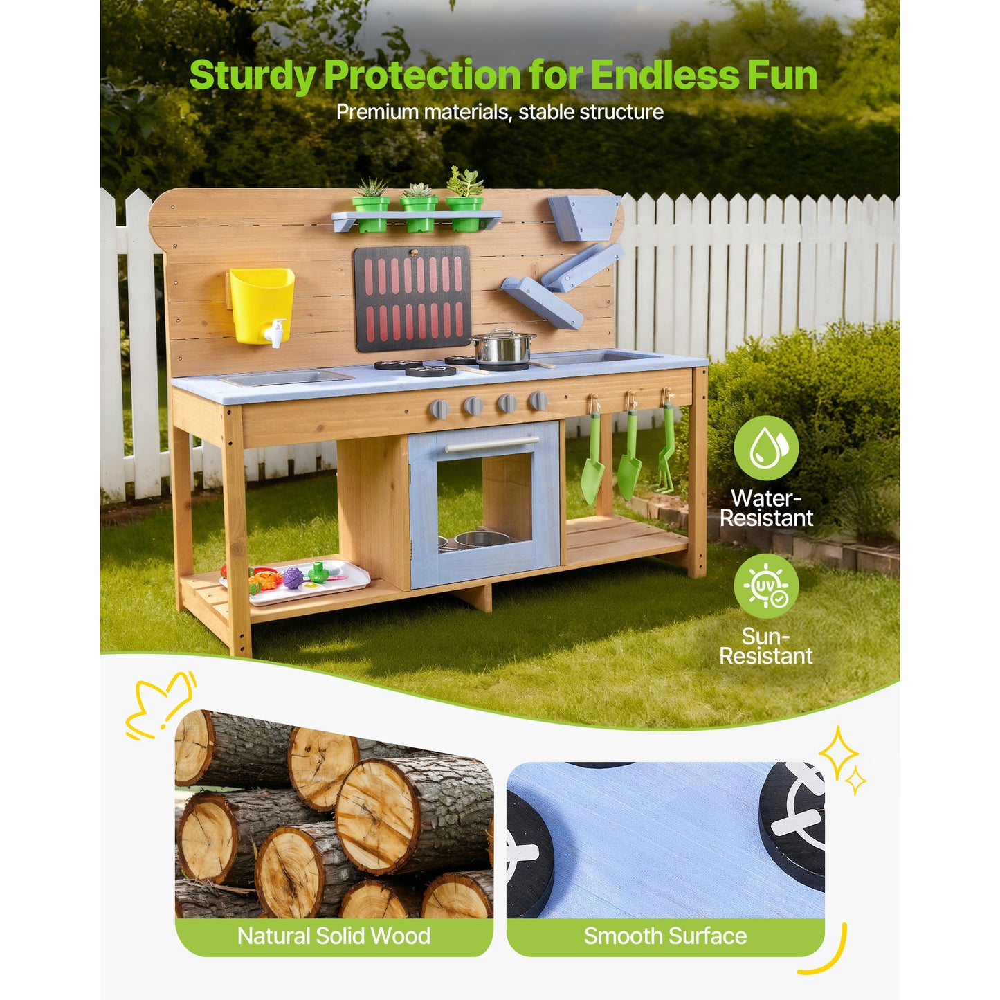 Kids Outdoor Mud Kitchen with Wood Stoves Double Sinks & Accessories