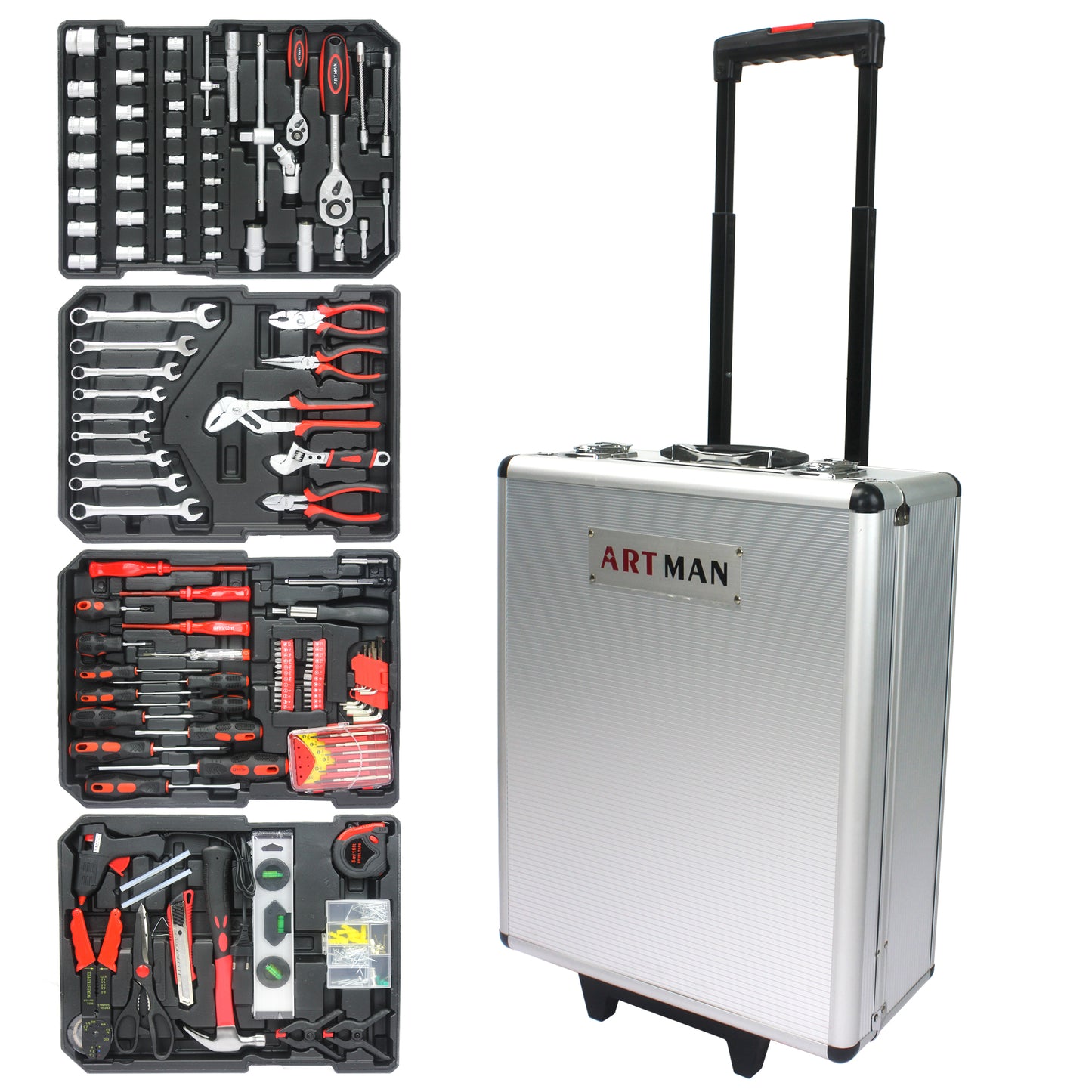 Portable Hand Tool Box with 4 Layer Toolset and Wheels - Black or White