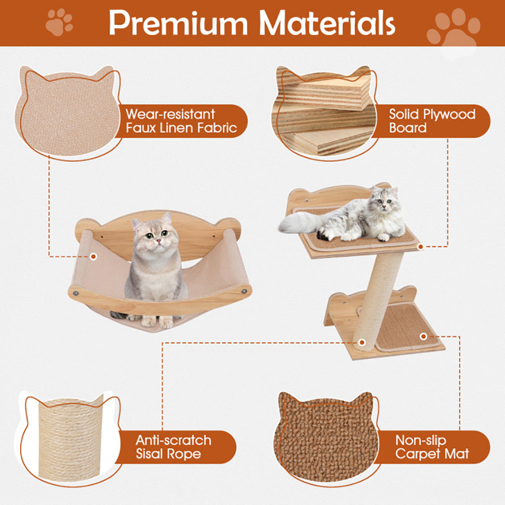Wall-Mounted Cat Furniture Set of 4 with Hammock and Climbing Steps - Natural