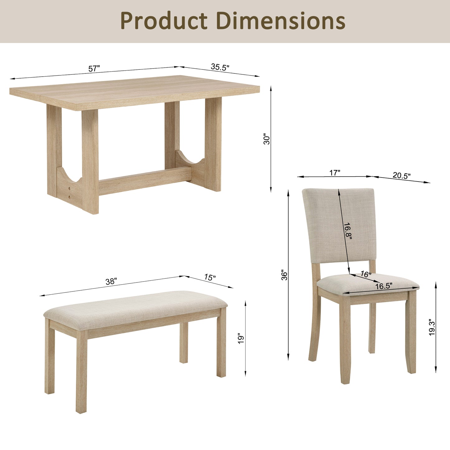 6-Piece Wooden Dining Table Set with Bench & Upholstered Chairs