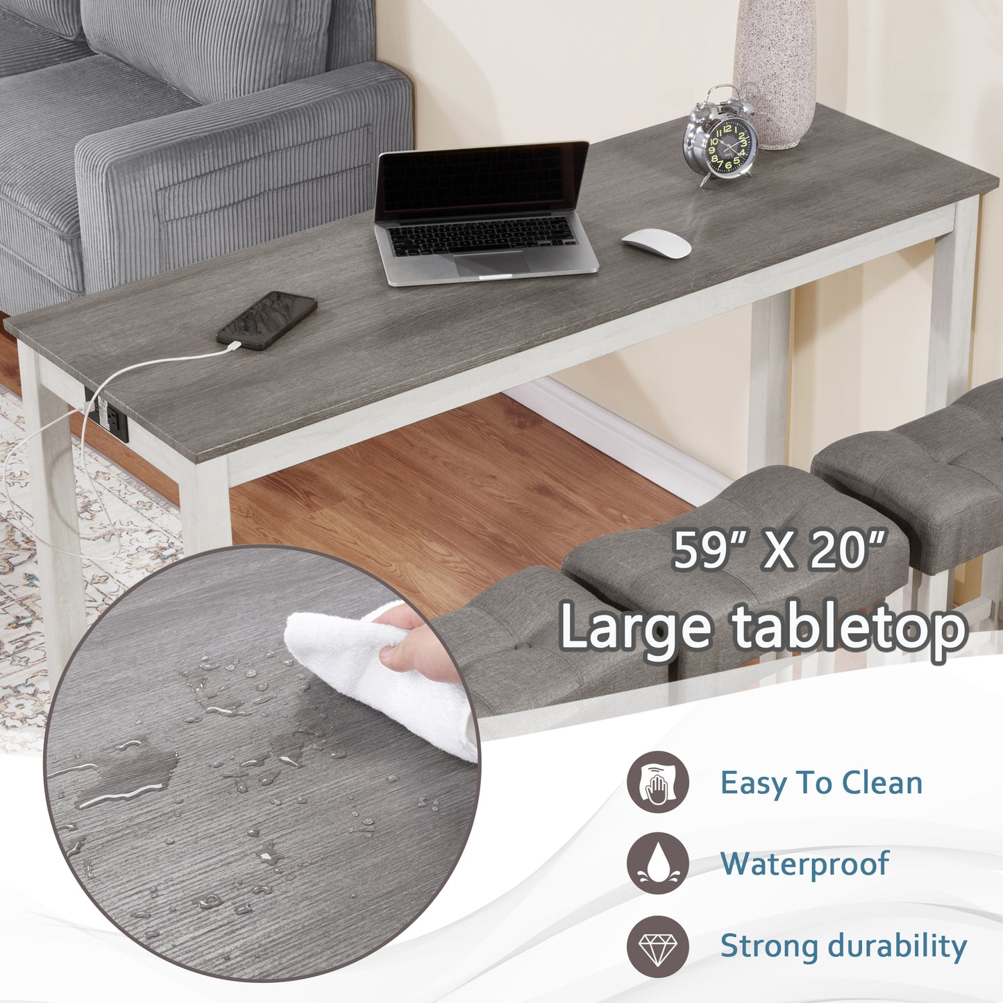 Bar Table Set with Power Outlet & 3 Padded Stools - Grey & White