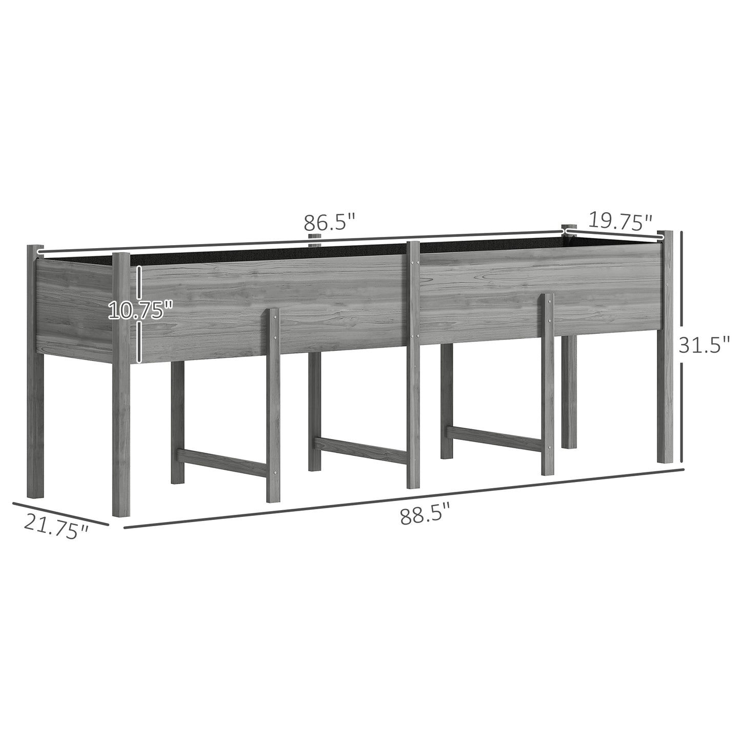Large Wooden Raised Garden Bed with Legs, Drainage Holes & Liner - Gray