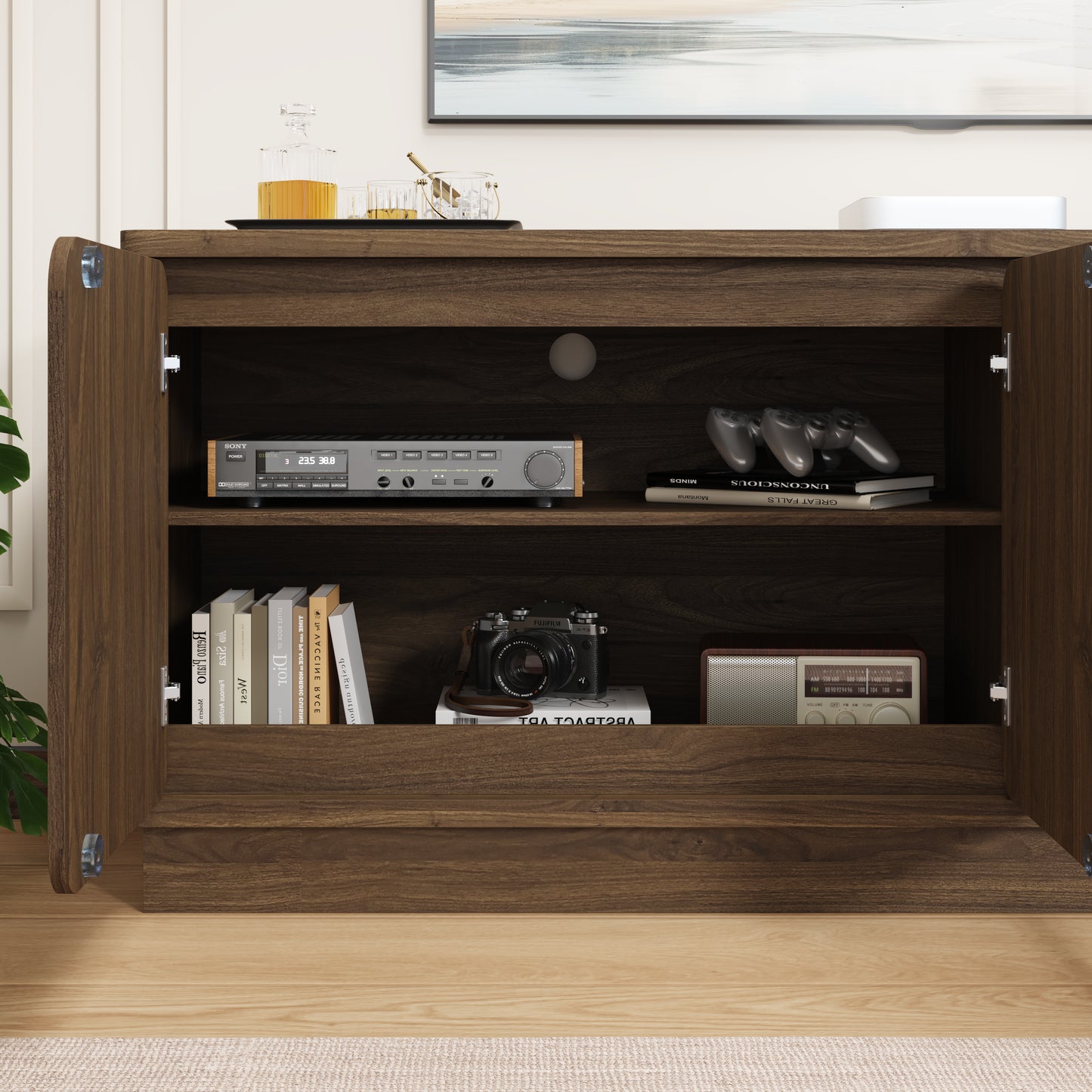 63 Inch Walnut TV Stand with 4 Storage Doors - Modern Media Console