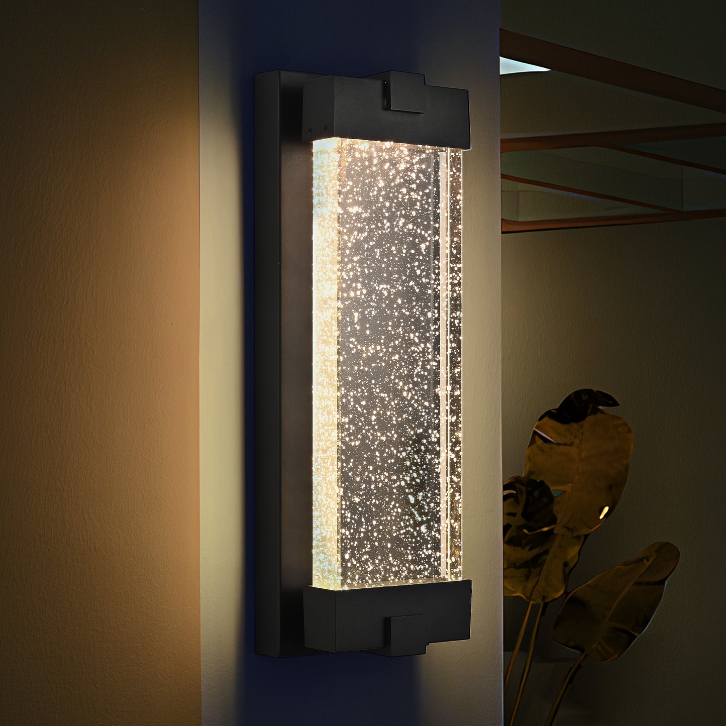 19-Inch Black Aluminum Outdoor Wall Light with Bubble Crystal Glass - Weatherproof Sconce with LED 3000K Warm Light