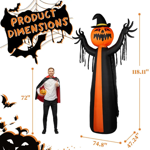 10ft Inflatable Pumpkin Ghost Decor with LED Lights - Black & Orange