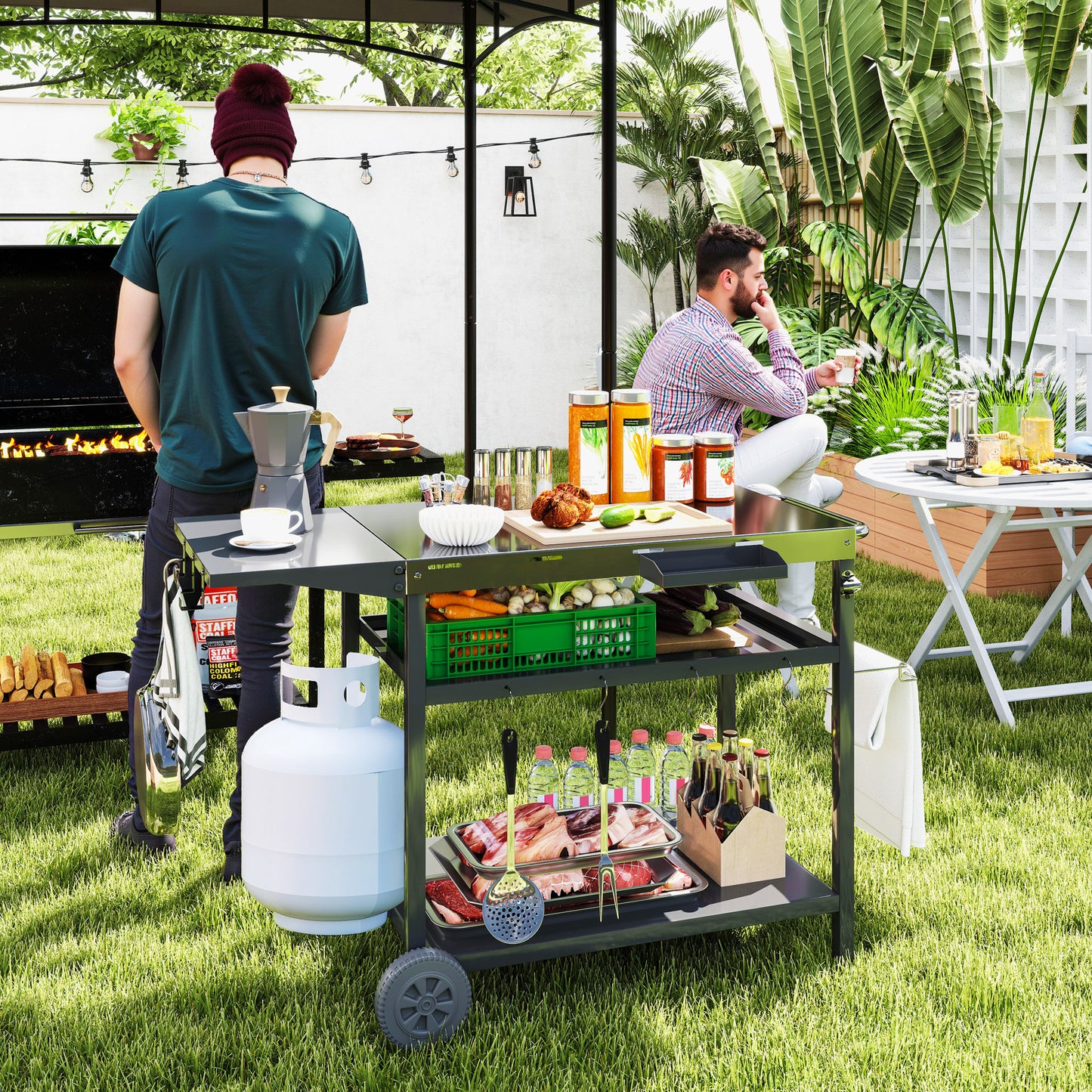 Outdoor Bar Cart with Stainless Steel Top - Black