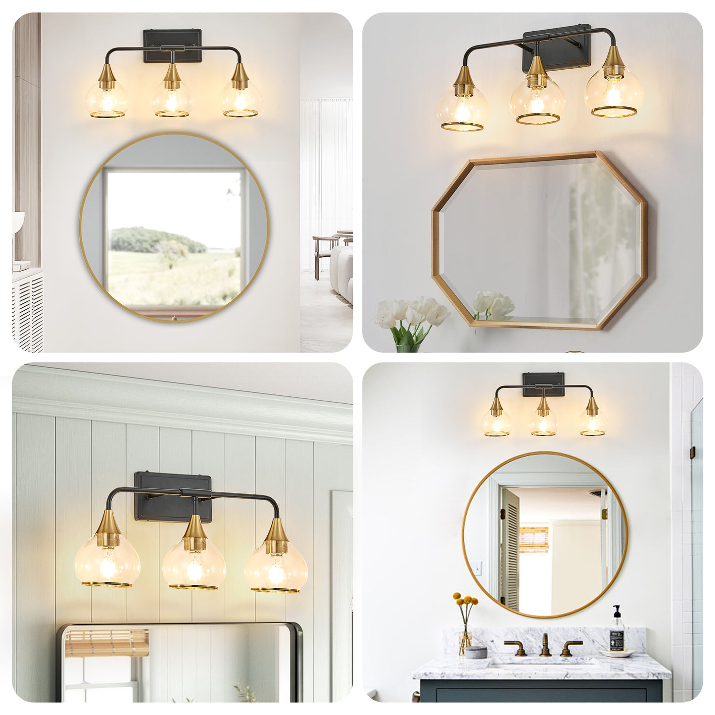 Modern 23in Black and Gold Wall Sconce with Clear Glass Shades - Vanity & Bathroom Light Fixture