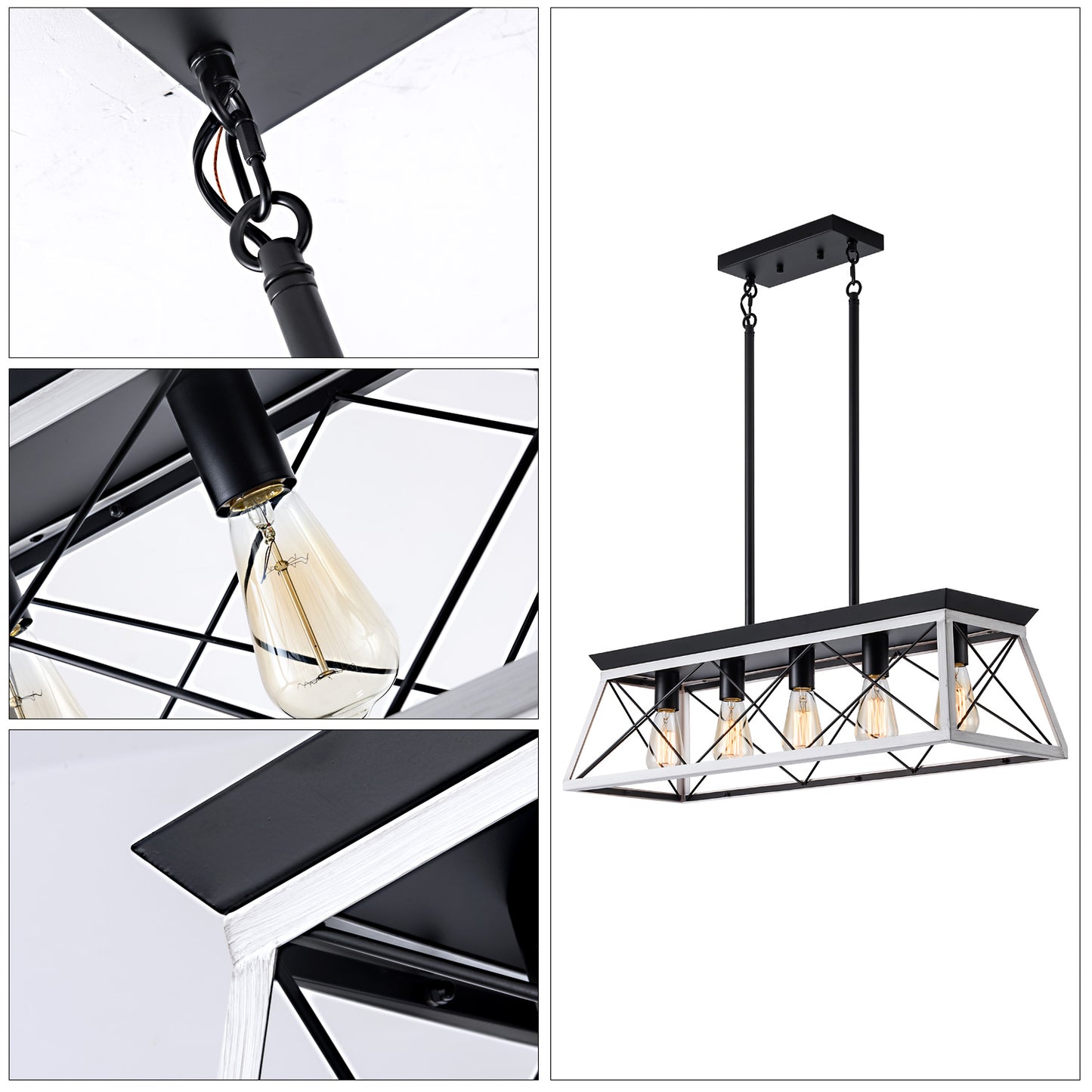 32-Inch Black & White Industrial 5-Light Pendant Chandelier - Adjustable Hanging Light