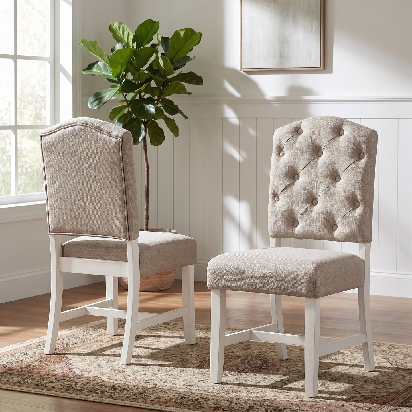 Retro Upholstered Dining Chair Set - 2 Chairs, Off White