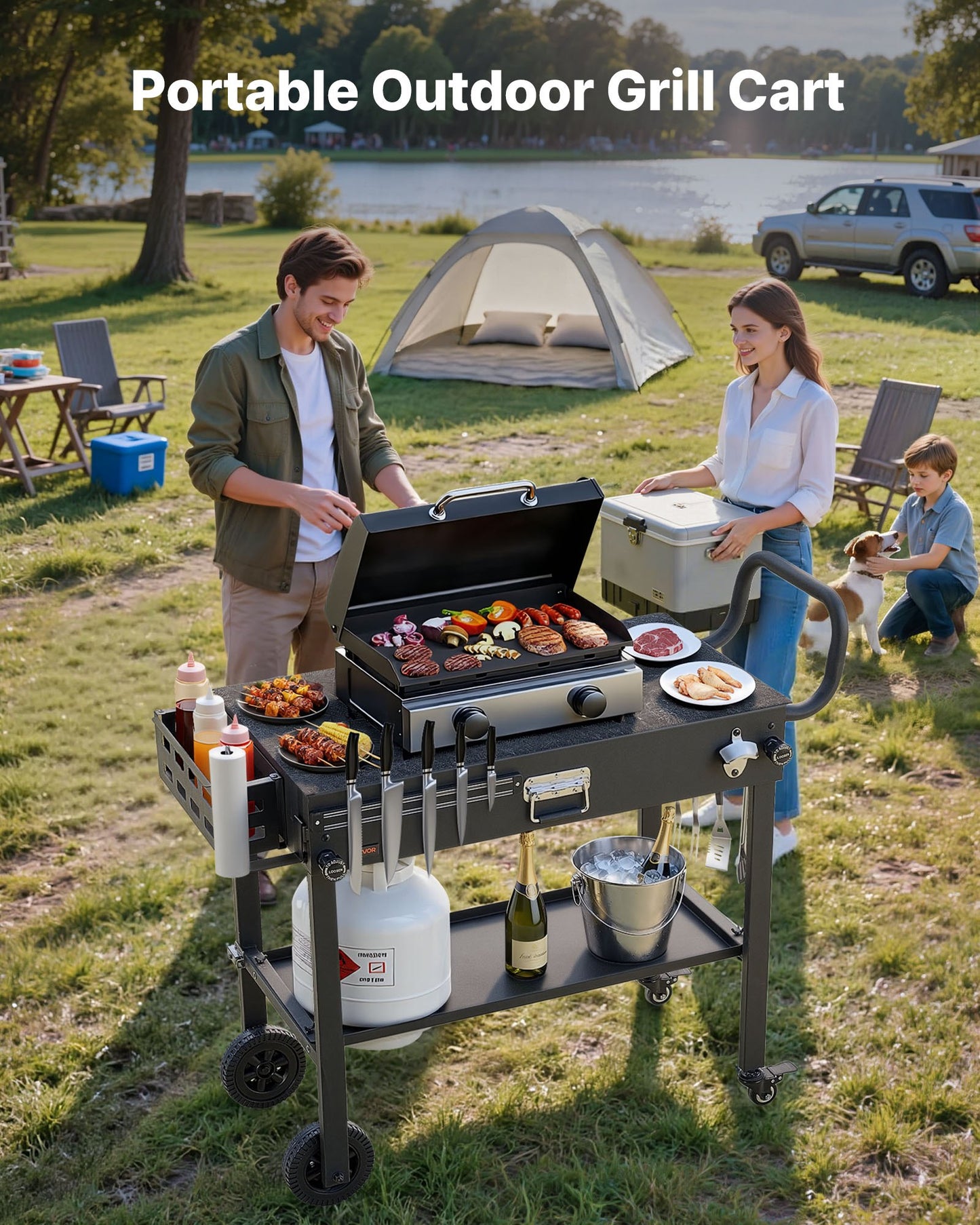 Foldable Outdoor Grill Cart with Magnetic Tool Rack and Tissue Holder - 31x17 Inch BBQ Prep Table