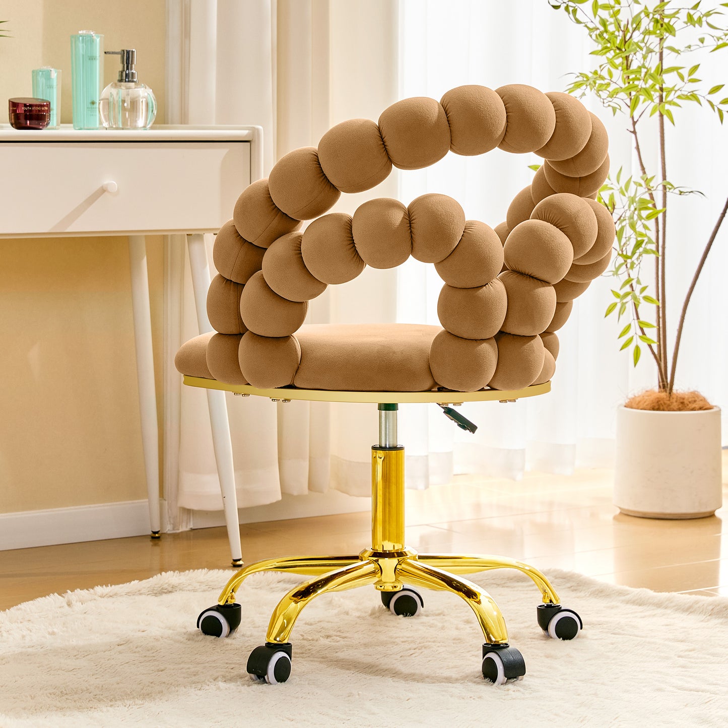 Velvet Bubble Back Swivel Office Chair - Adjustable Height, Gold Base
