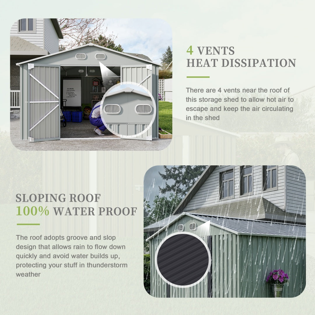 10x12 FT Outdoor Metal Storage Shed with Lockable Door - White