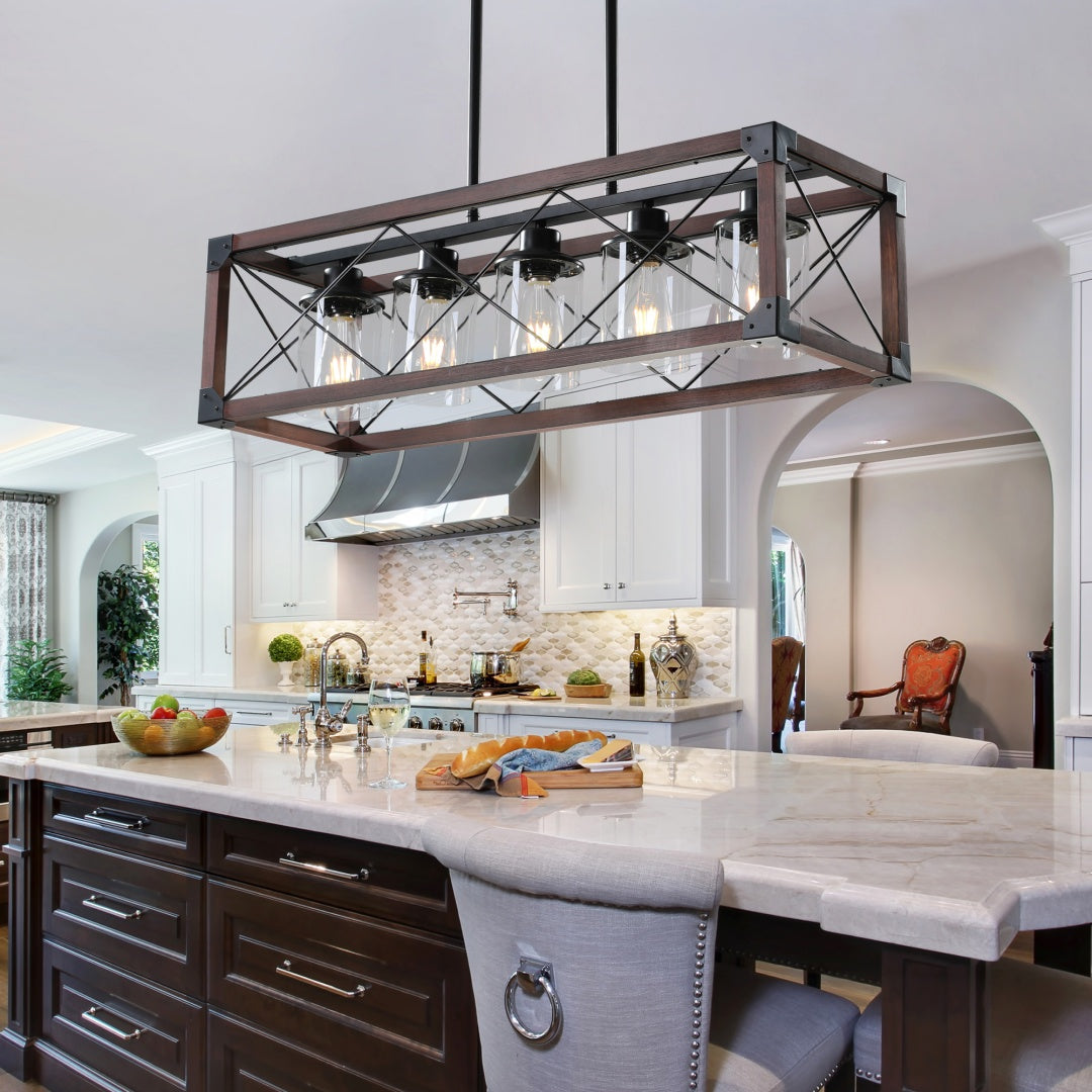 32-Inch Red Industrial Farmhouse Pendant Light - 5-Light Chandelier