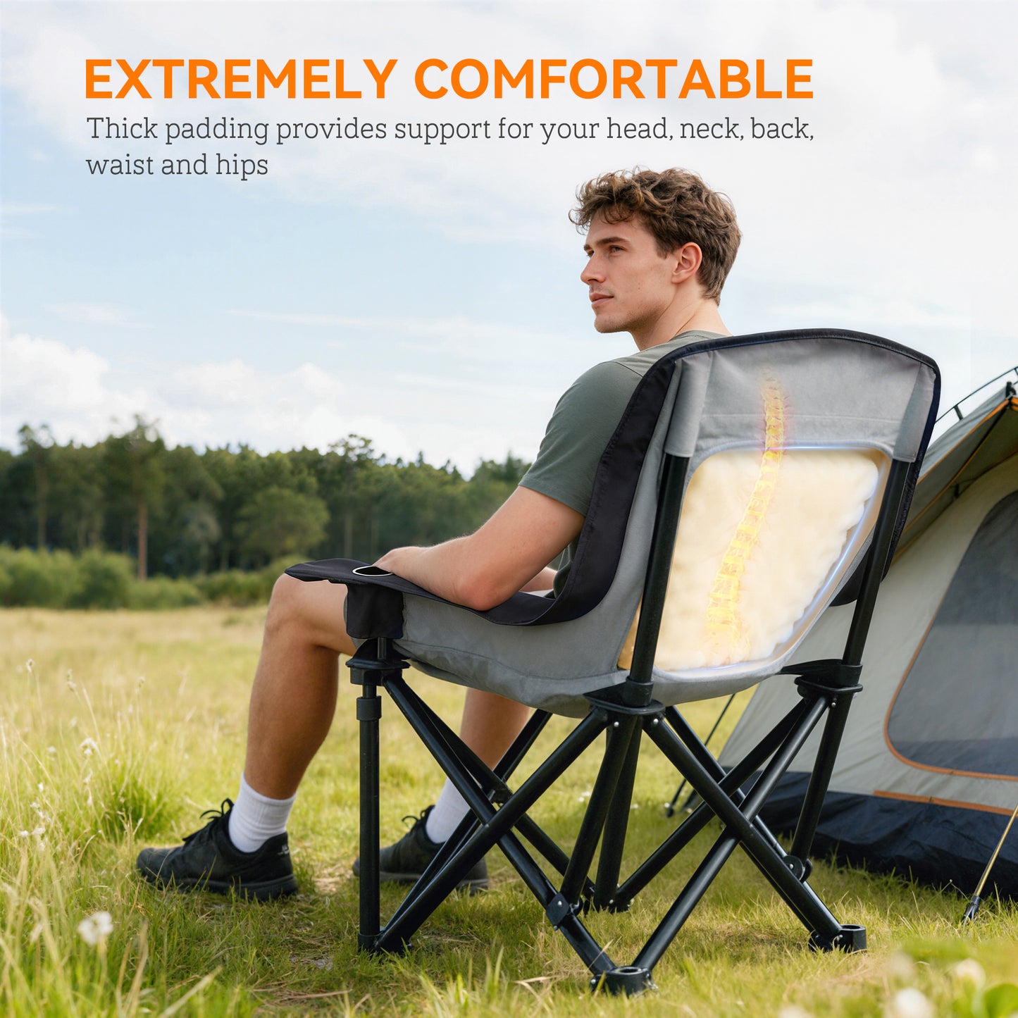Portable Folding Camping Chair with Cup Holders & Side Pockets - Gray