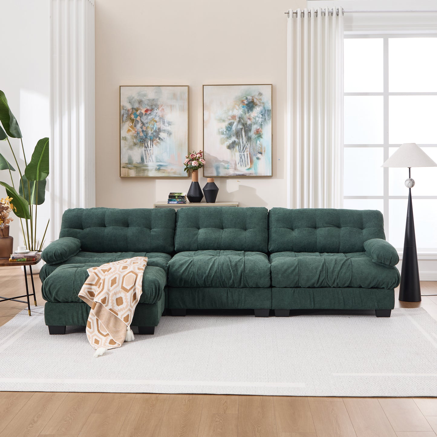 Modular Sectional Sofa with Movable Ottoman - Green Cloud Couch