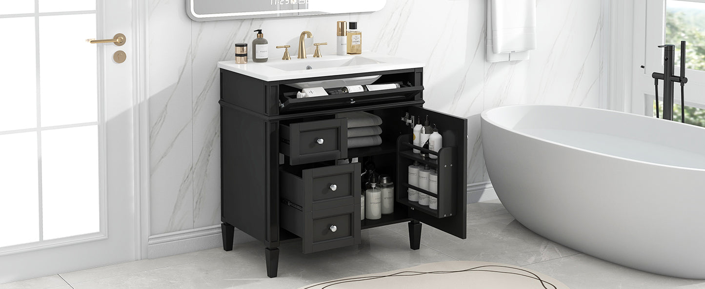 30'' Modern Bathroom Vanity with Ceramic Sink and Storage - Black