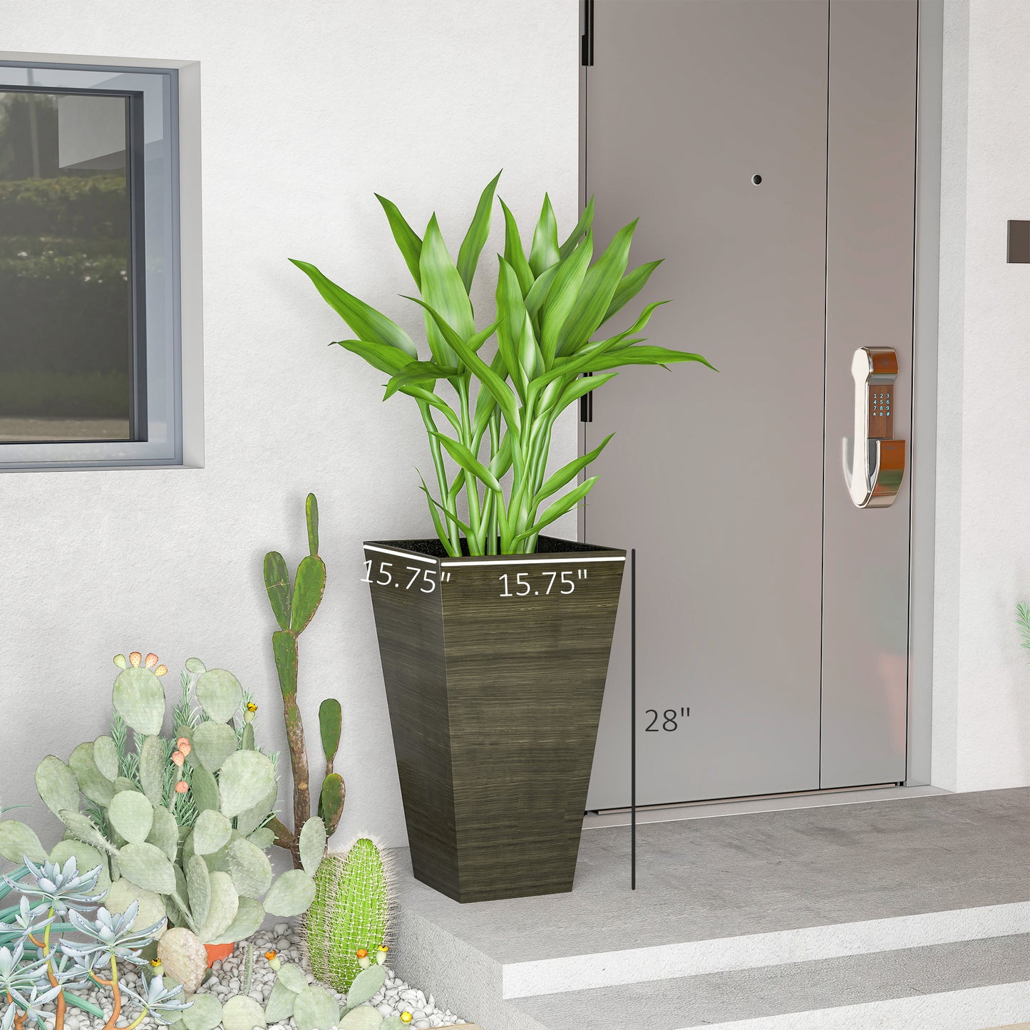 Set of 3 Tall Outdoor Planters 28 Inch Faux Wood Flower Pots with Drainage