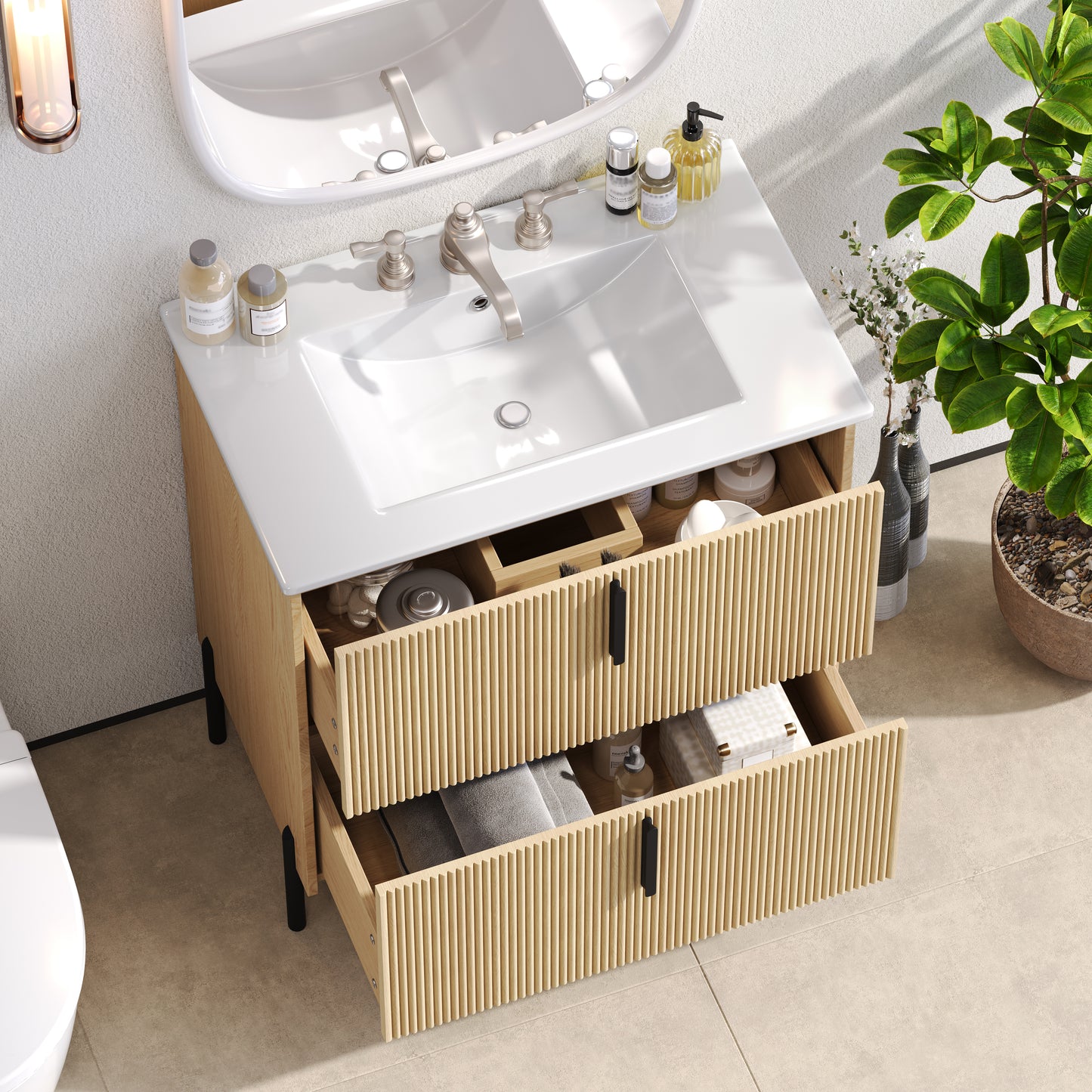 30" Bathroom Vanity with Ceramic Sink & Full-Extension Drawers - Natural