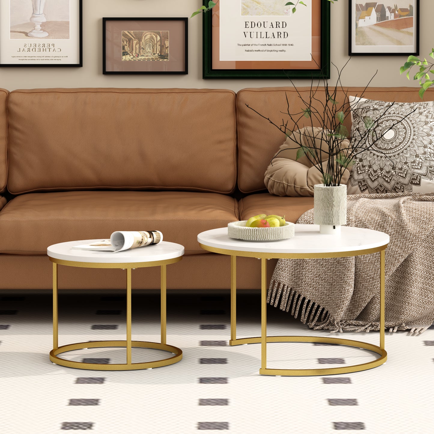 Nesting Coffee Table Set of 2 - Round Wood Marble Pattern - White+Gold