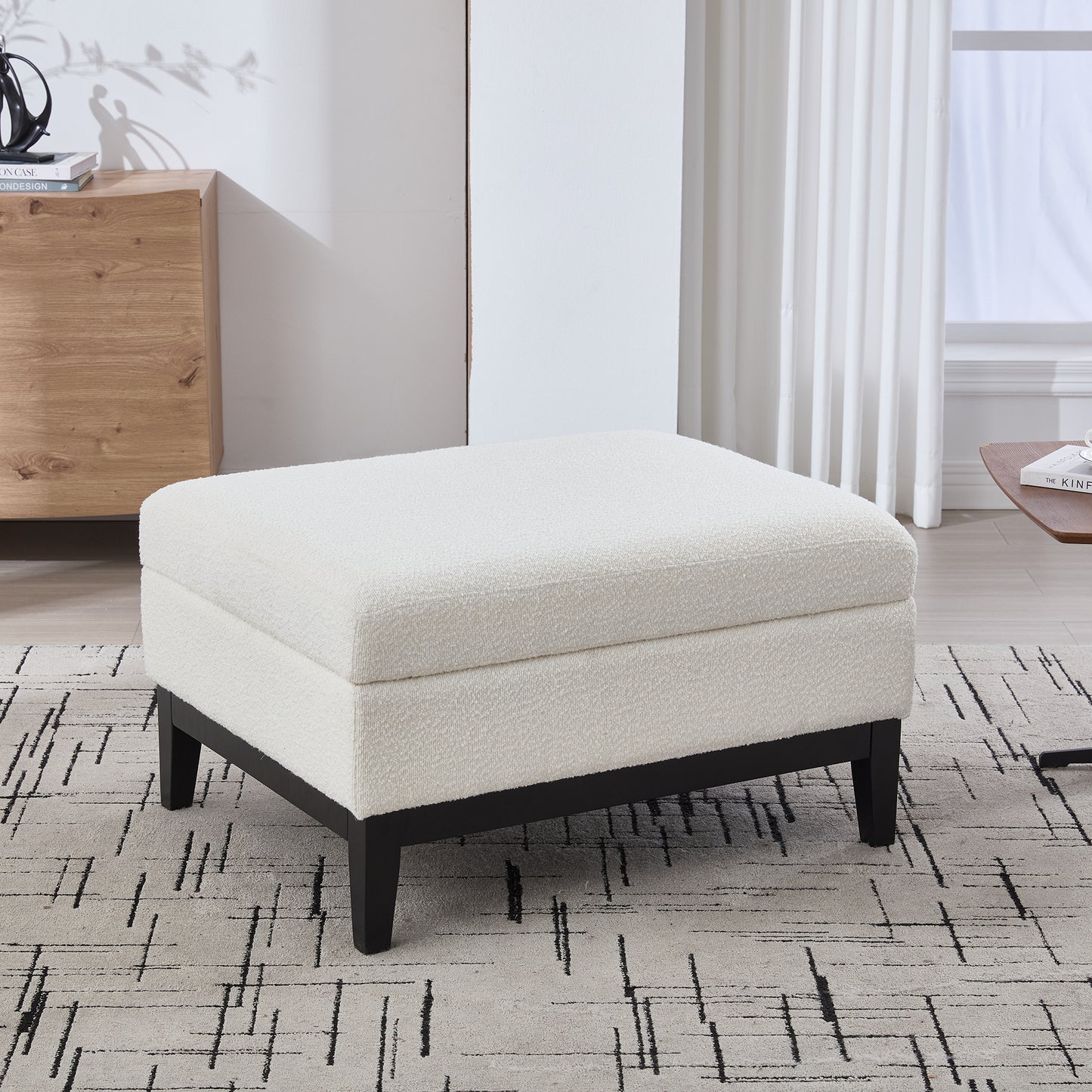 Ivory Upholstered Storage Ottoman with Reversible Lid - Footstool