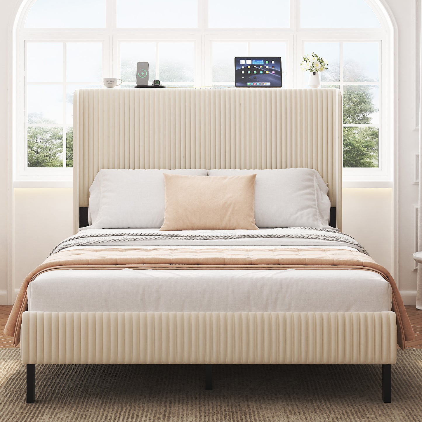 Full Metal Platform Bed Frame with Charging Station - Beige