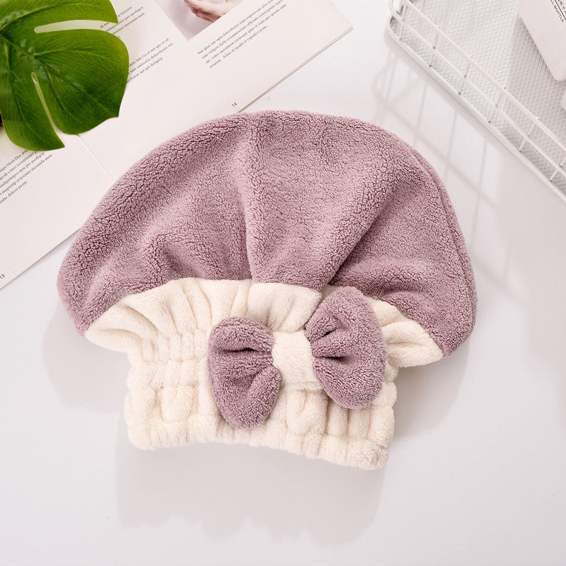 Absorbent Coral Velvet Hair Drying Cap with Bow for Hair Care and Styling