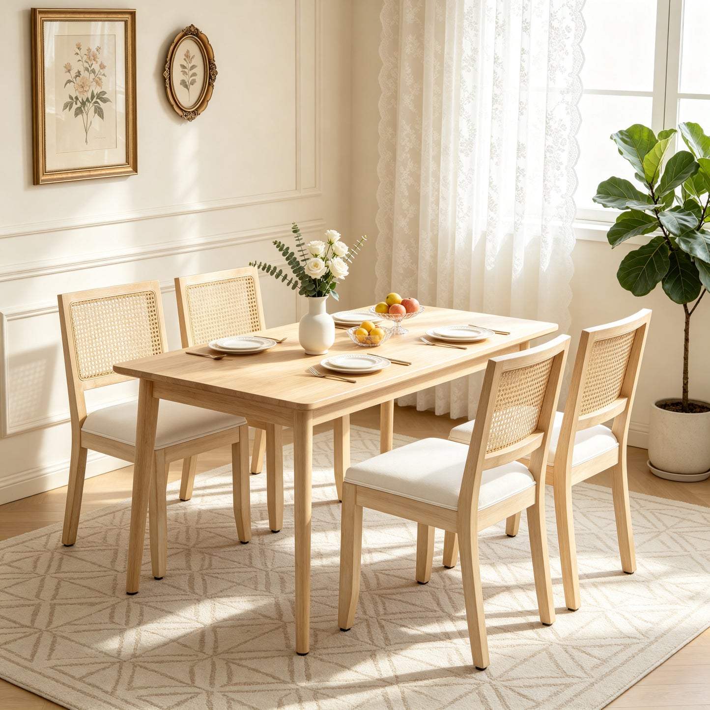 Set of 2 Mid Century Modern Rattan Dining Chairs - Beige