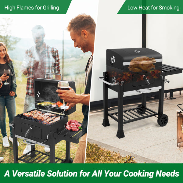 Heavy-Duty Charcoal Grill with Foldable Side Table and Wheels for Outdoor Cooking