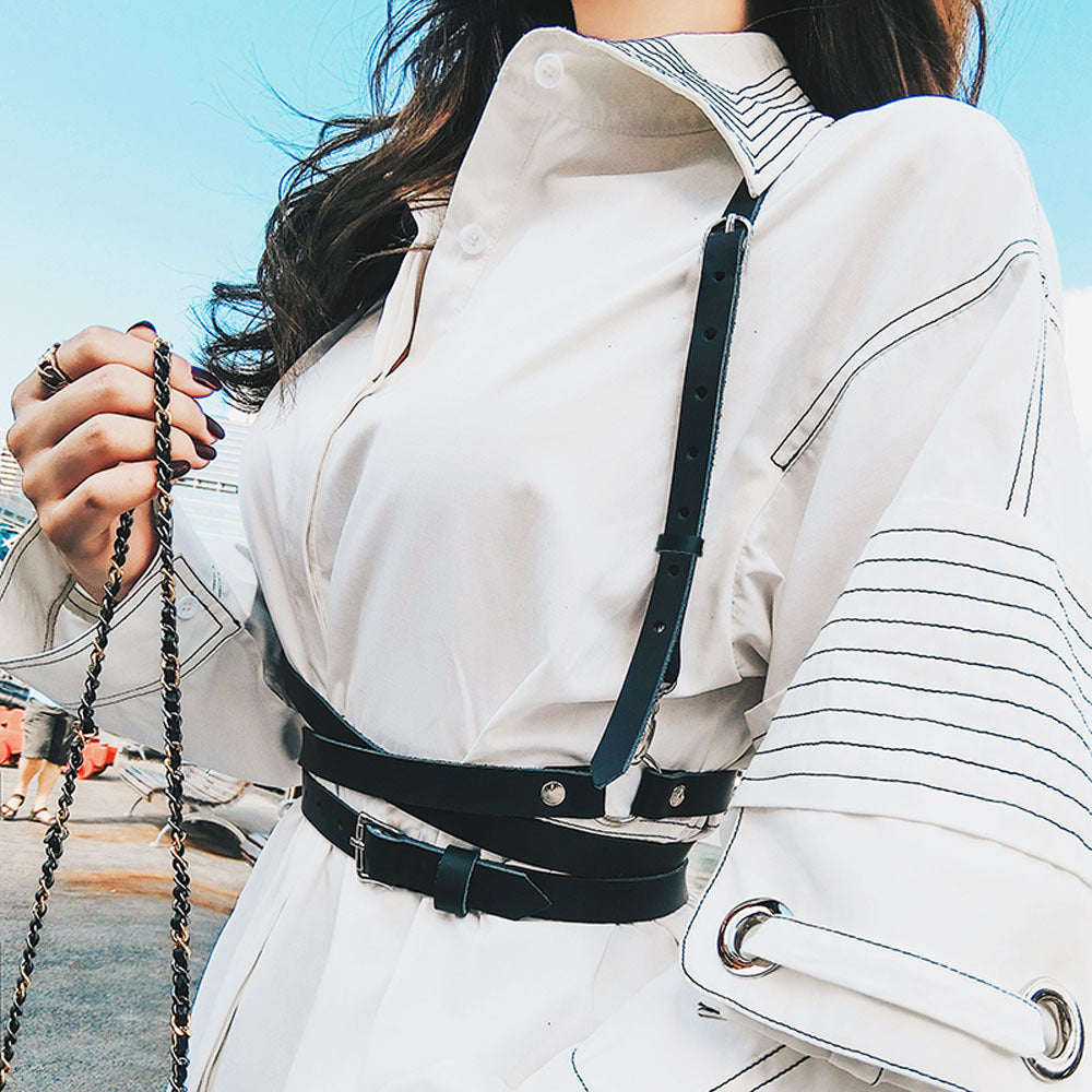 Women's Leather Corset Belt with Strap Decoration, Adjustable PU Waist Accessory