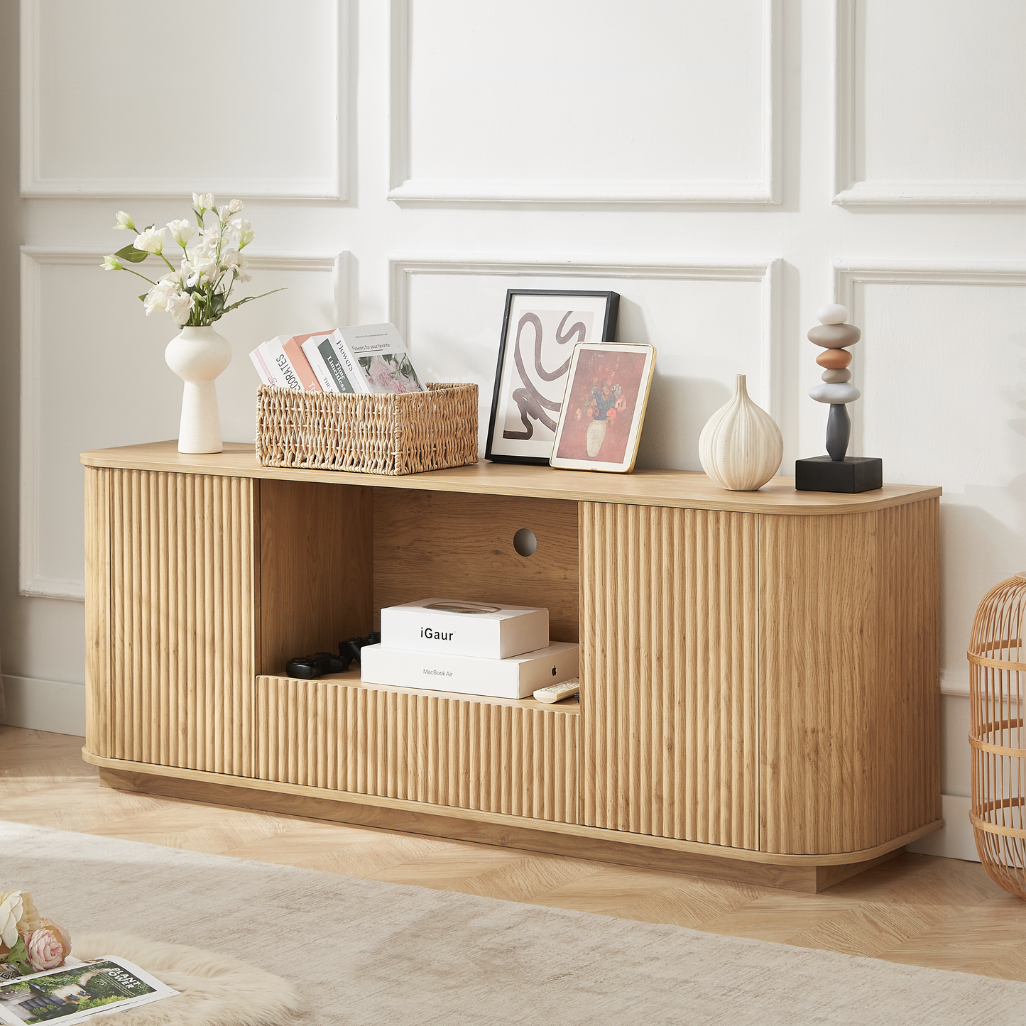64-Inch Wavy TV Stand, Rounded Sideboard, Storage Cabinet, Wooden