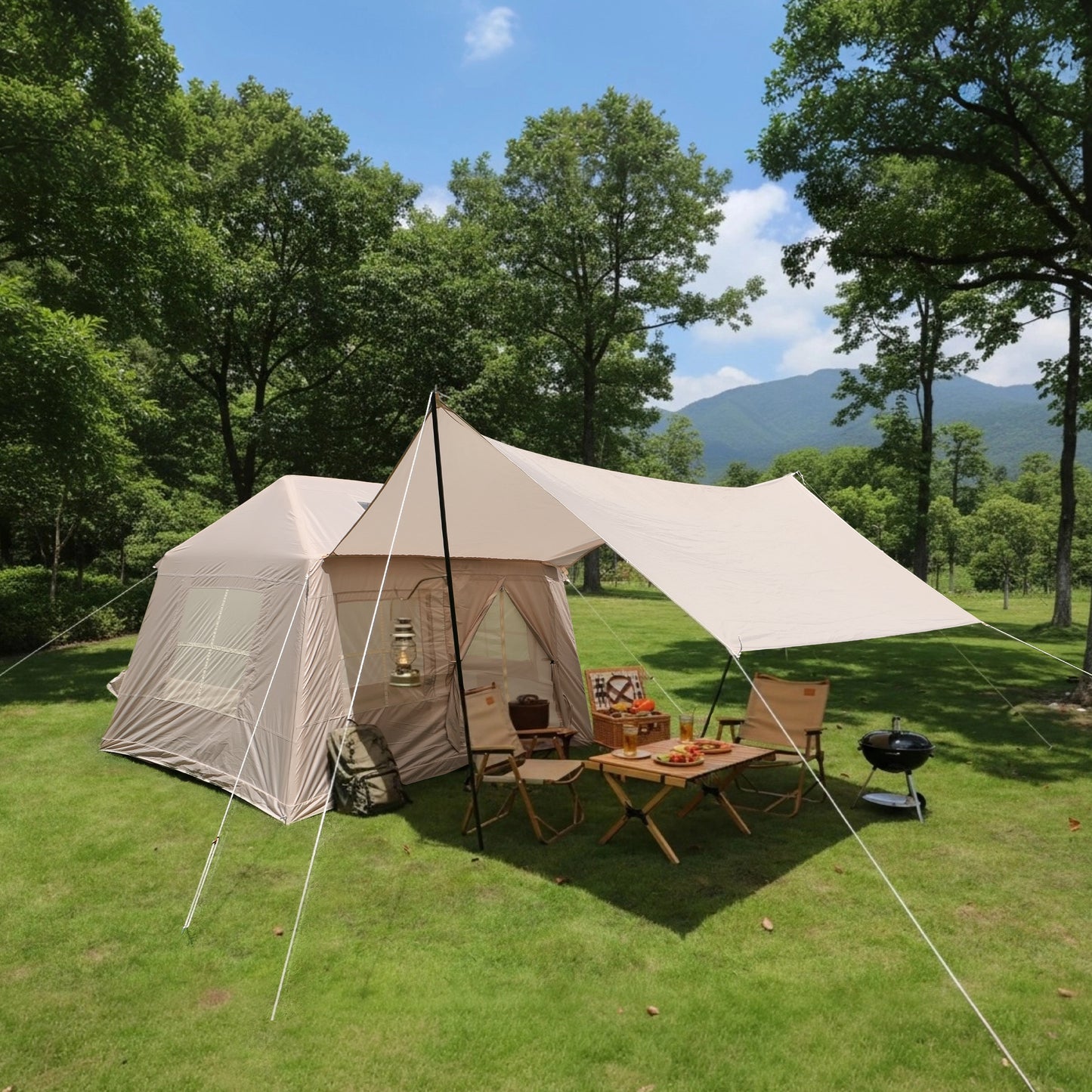 4-Season Inflatable Camping Tent with Mesh Windows - Beige