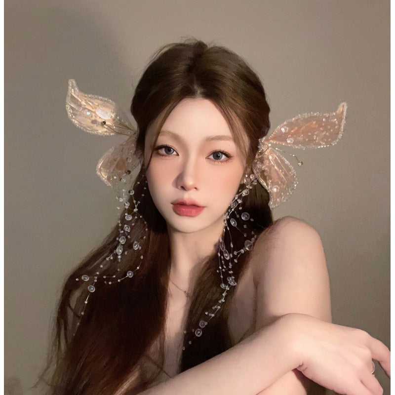 Bridal Crystal Butterfly Headpiece with Tassel