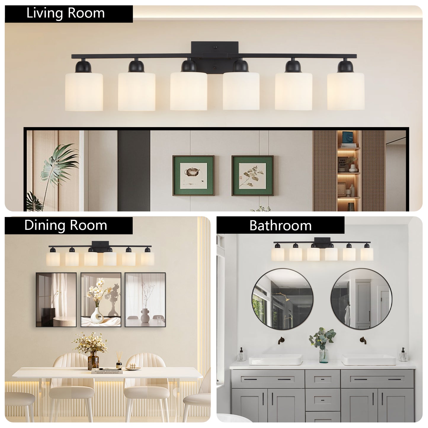 6-Light Matte Black Bathroom Vanity Light Fixture with Glass Shades