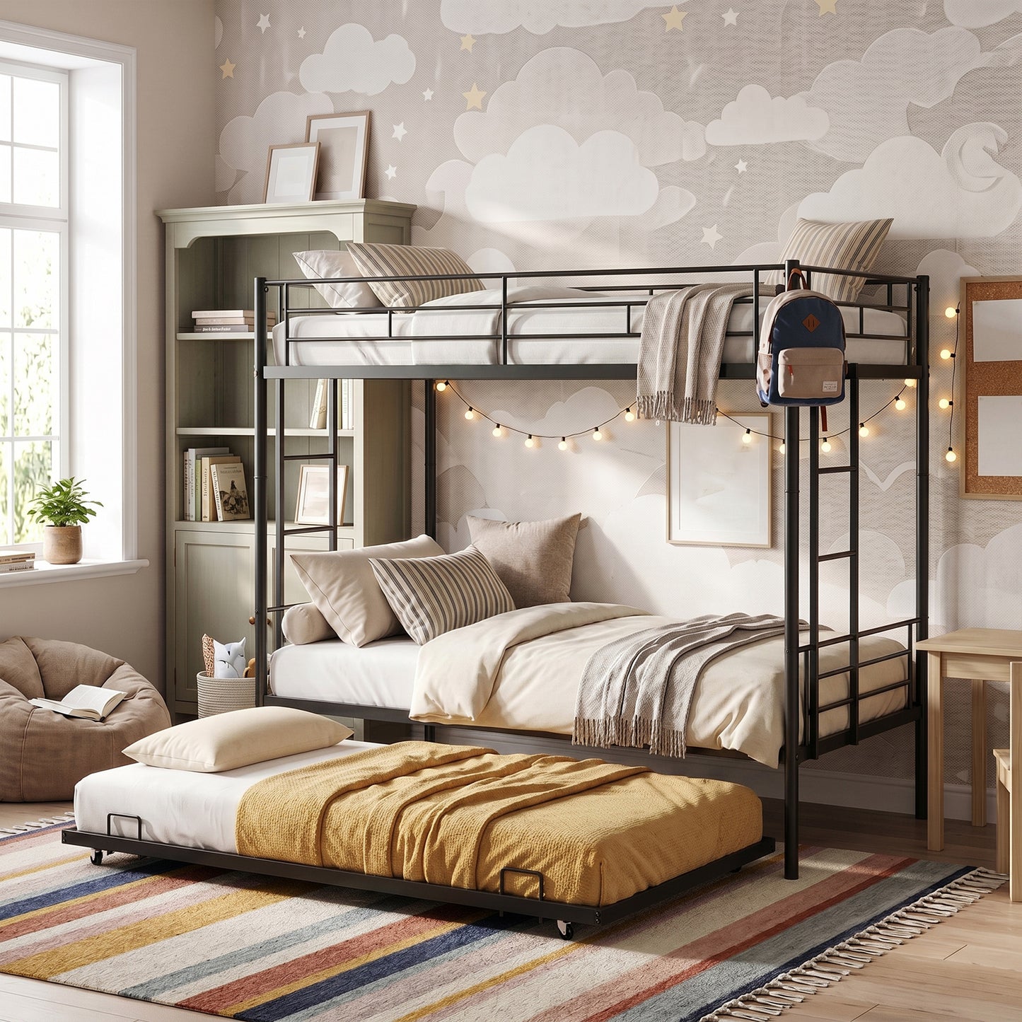 Twin Over Twin Bunk Bed with Trundle, Safety Rails & Dual Ladder