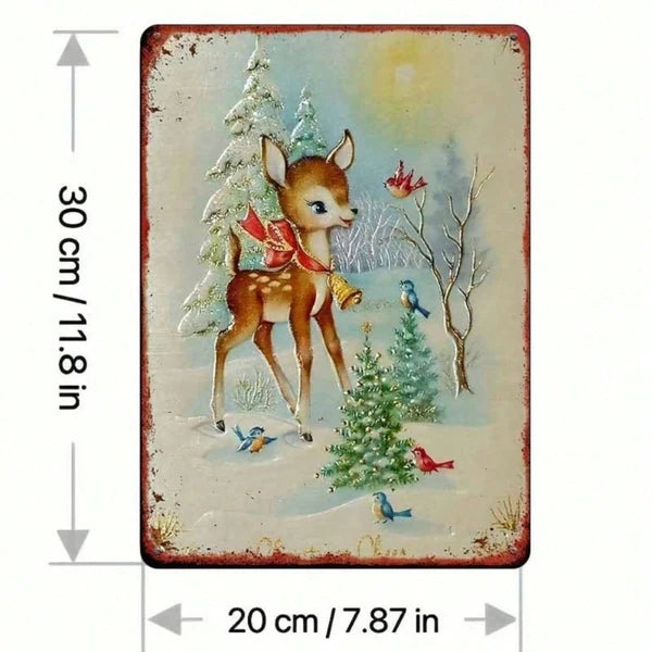 Rustic Metal Wall Sign - Winter Reindeer in Snowy Woods