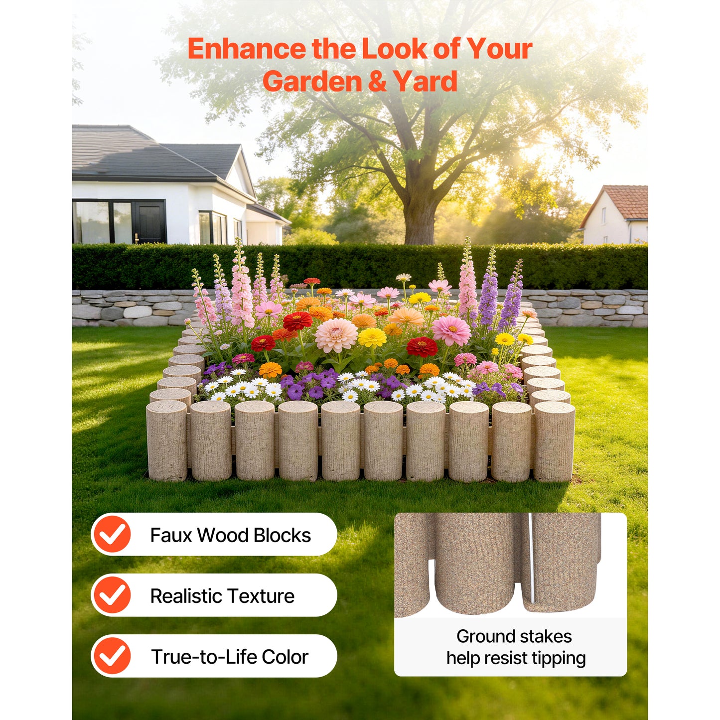 Faux Wood Garden Edging Border Kit - 13.7 Ft No Dig Landscape Blocks for Lawn & Flower Beds
