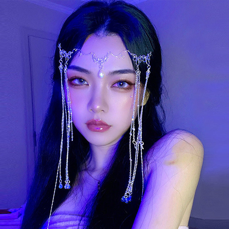 Ancient Style Tassel Headdress Hair Accessory with Forehead Ornament - Silver