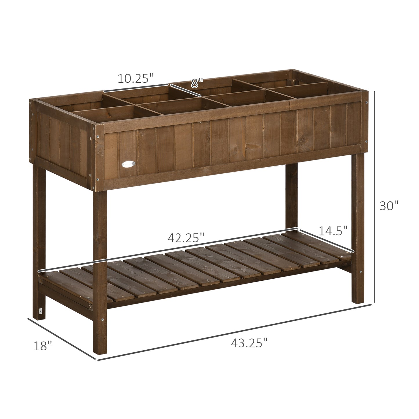 Wooden Raised Garden Bed with 8 Planter Boxes & Open Shelf - Dark Brown