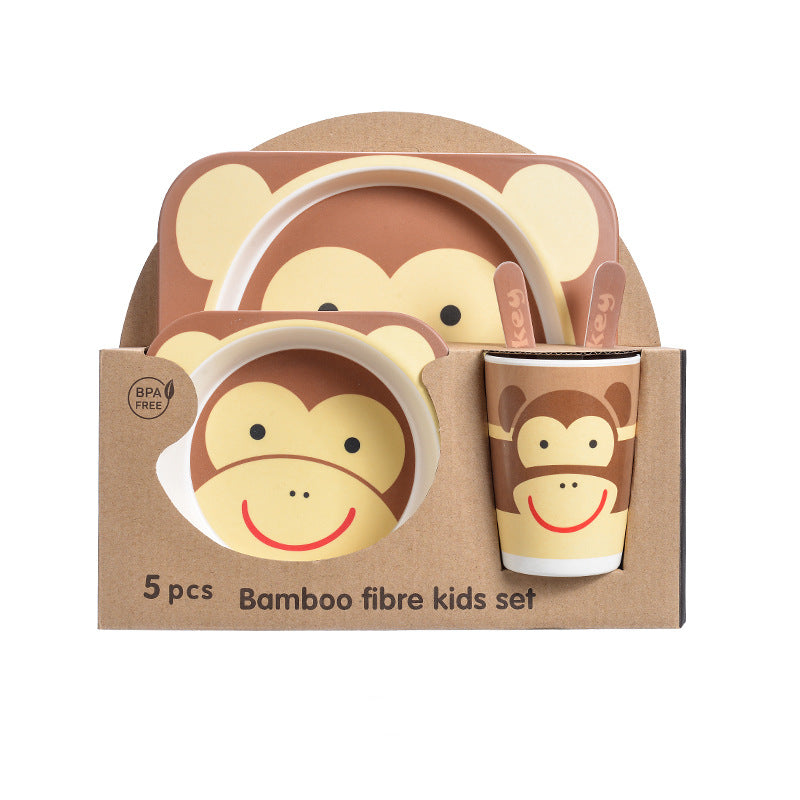 Baby Bamboo Tableware Set 5pcs - Cartoon Childrens Dinnerware for Kids
