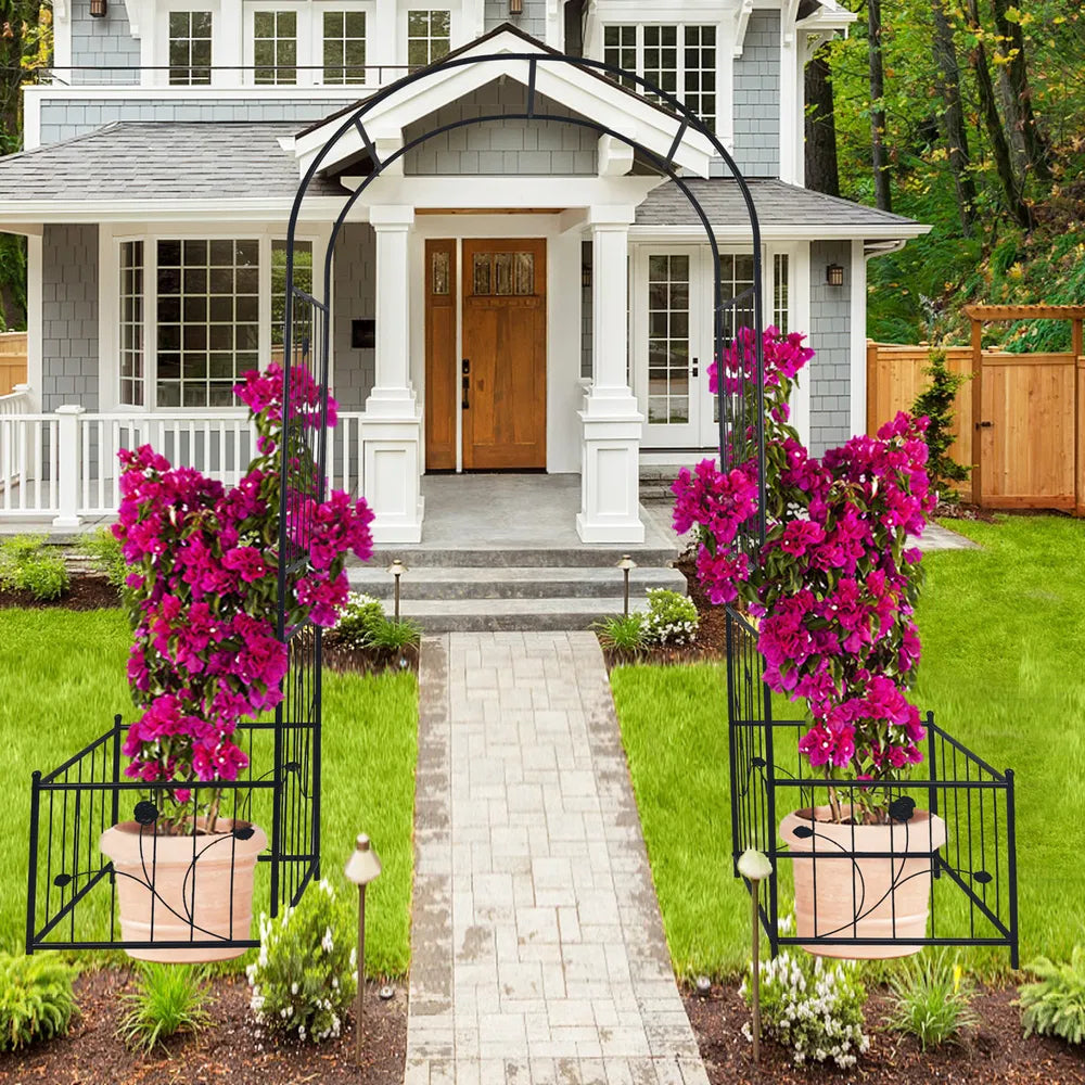 Metal Garden Arch with Plant Stands - 79.5" Wide x 86.6" High - Black