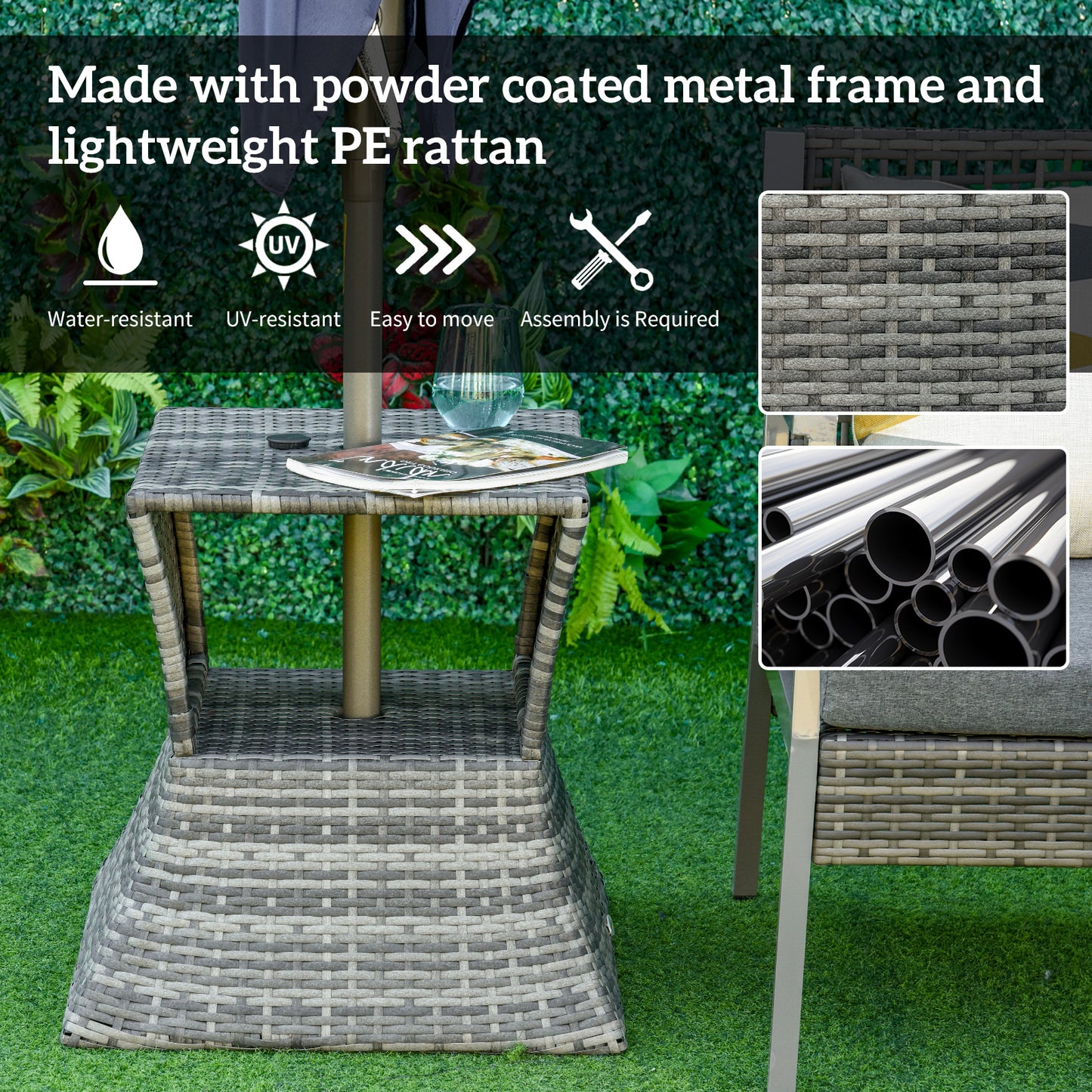 Outdoor Rattan Wicker Side Table with Umbrella Hole - Gray