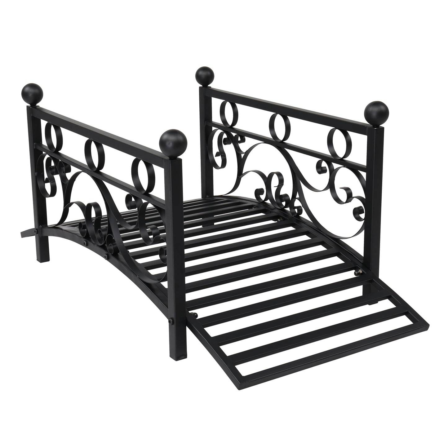 Metal Garden Bridge Outdoor Patio Pond Bridge with Powder-Coated Finish and Security Guardrail - Black