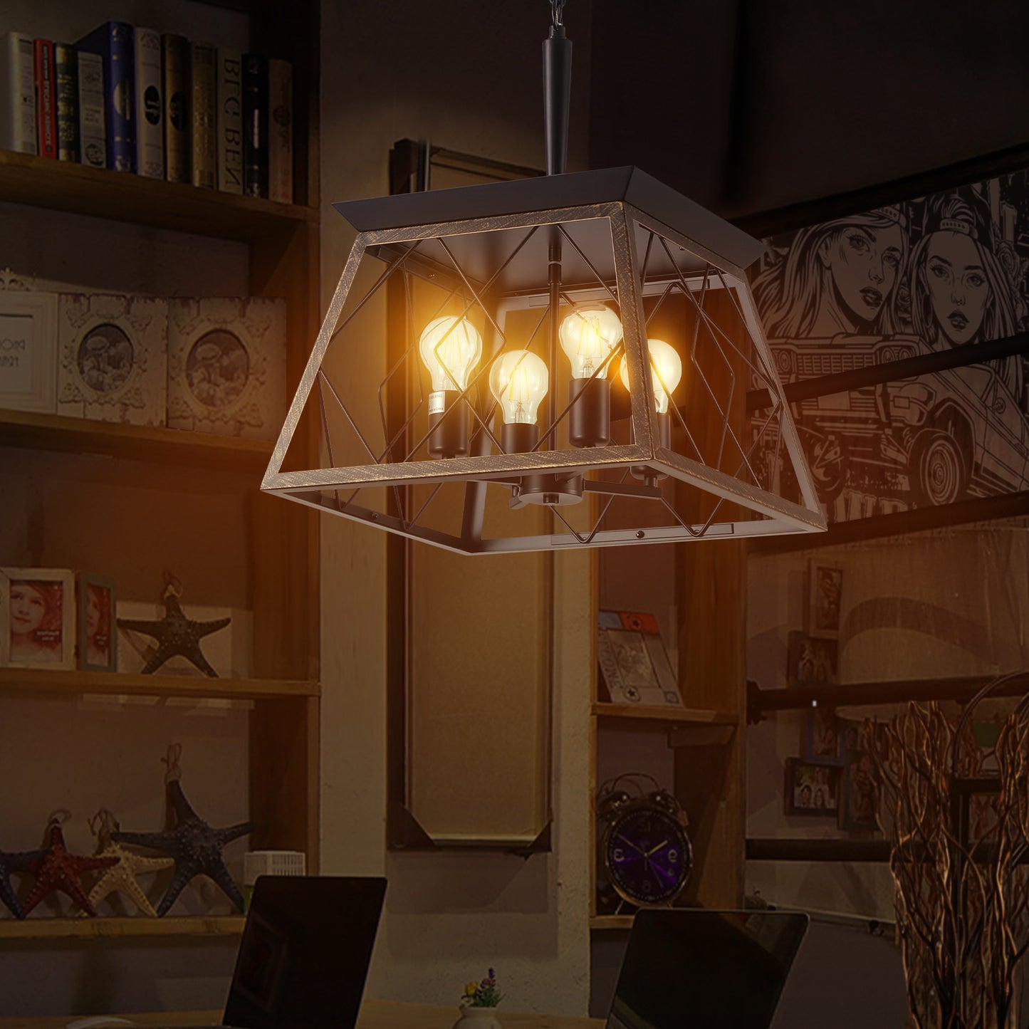 16-Inch Black Gold Industrial 4-Light Pendant Chandelier