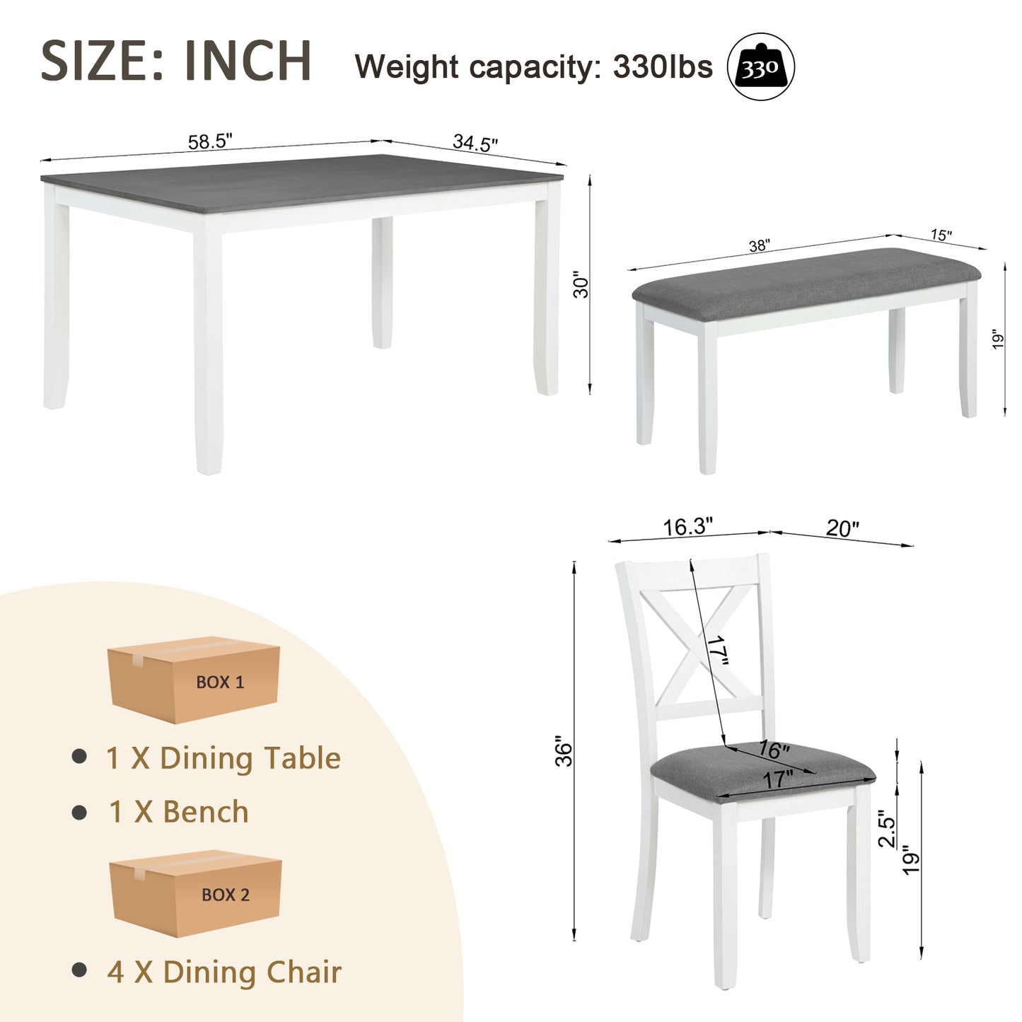 Modern 6-Piece Dining Table Set with Bench - Grey & White