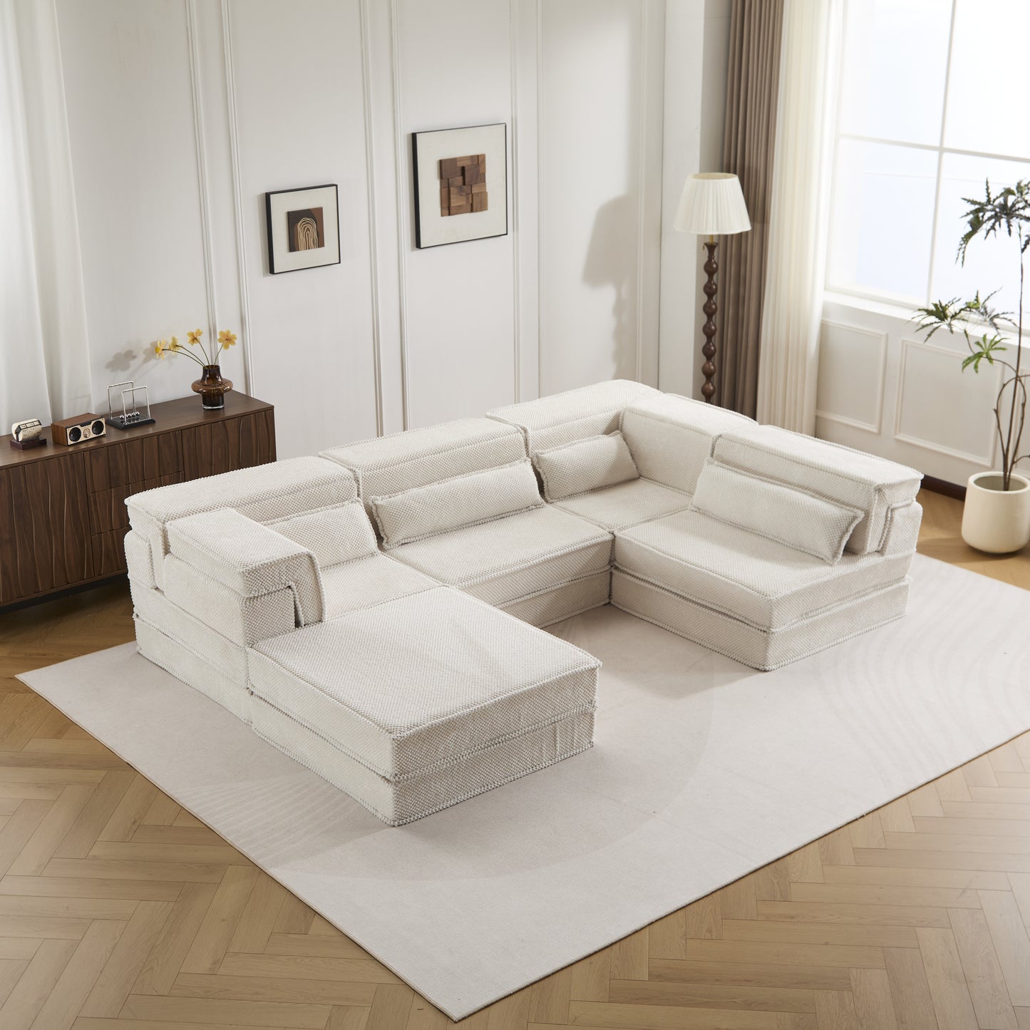 Oversized Modular Sectional Sofa Bed with Ottoman - White